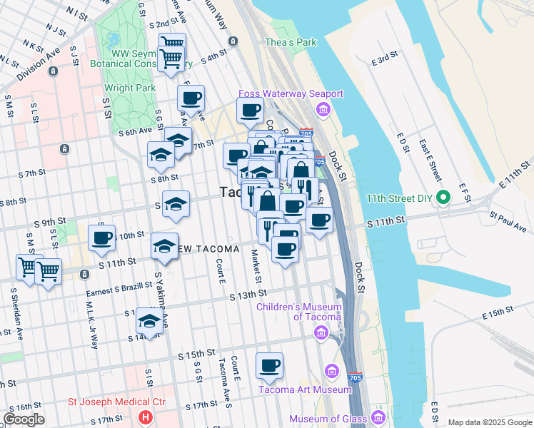map of restaurants, bars, coffee shops, grocery stores, and more near 902 Broadway in Tacoma