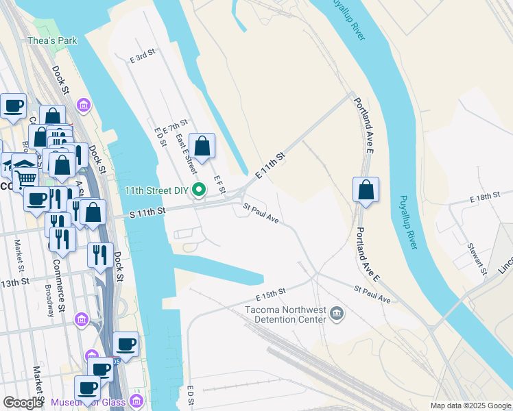 map of restaurants, bars, coffee shops, grocery stores, and more near 1129 Saint Paul Avenue in Tacoma