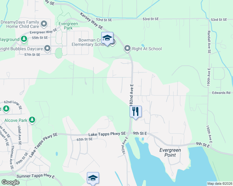 map of restaurants, bars, coffee shops, grocery stores, and more near 310 181st Avenue East in Lake Tapps