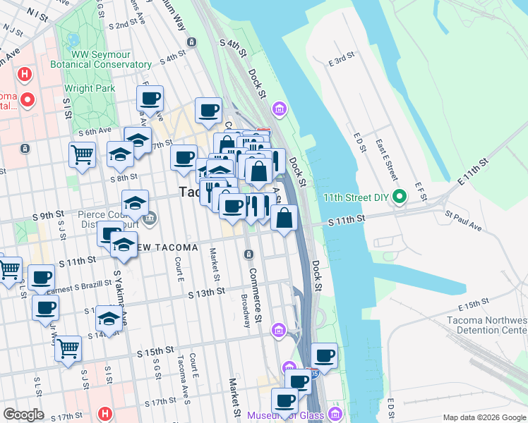 map of restaurants, bars, coffee shops, grocery stores, and more near 1001 Pacific Avenue in Tacoma