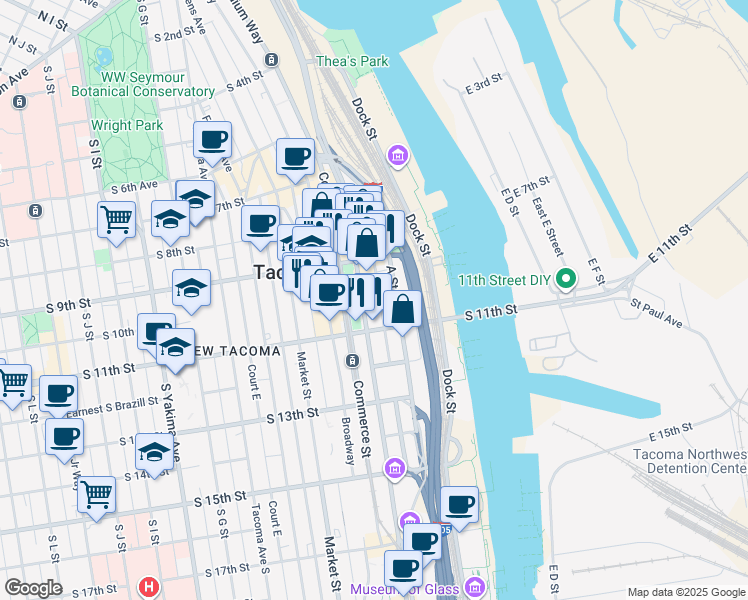 map of restaurants, bars, coffee shops, grocery stores, and more near 1001 Pacific Avenue in Tacoma