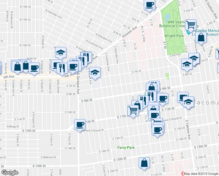 map of restaurants, bars, coffee shops, grocery stores, and more near 724 South Cushman Avenue in Tacoma