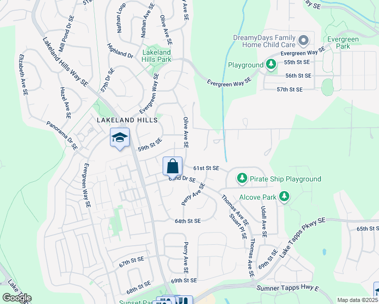 map of restaurants, bars, coffee shops, grocery stores, and more near 6004 Olive Avenue Southeast in Auburn