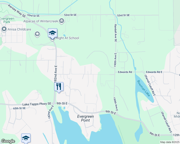 map of restaurants, bars, coffee shops, grocery stores, and more near 316 186th Avenue Court East in Lake Tapps