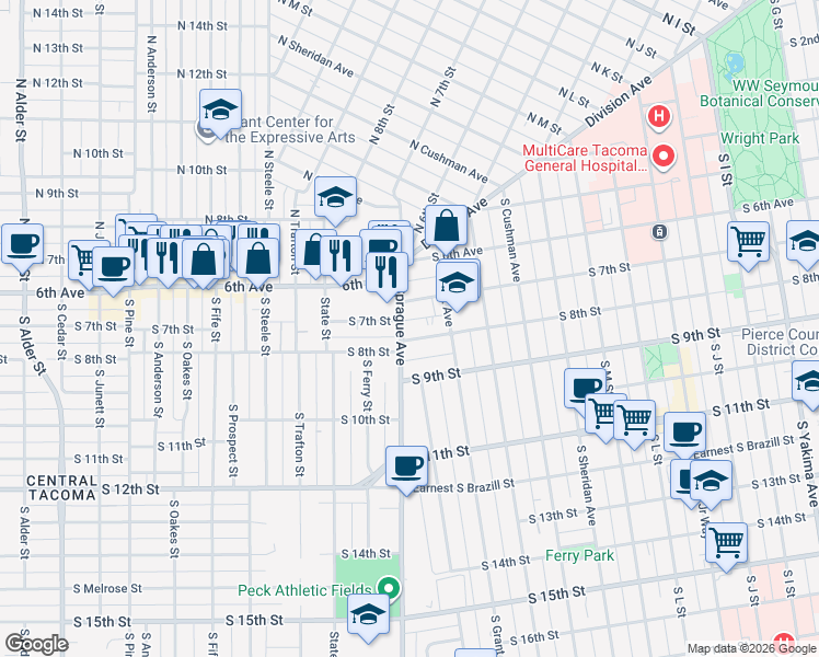 map of restaurants, bars, coffee shops, grocery stores, and more near 704 South Sprague Avenue in Tacoma