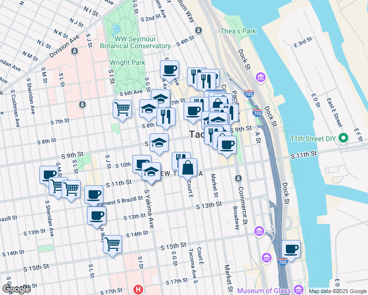 map of restaurants, bars, coffee shops, grocery stores, and more near 920 Fawcett Avenue in Tacoma