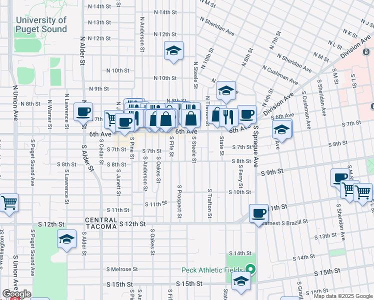map of restaurants, bars, coffee shops, grocery stores, and more near 631 South Prospect Street in Tacoma
