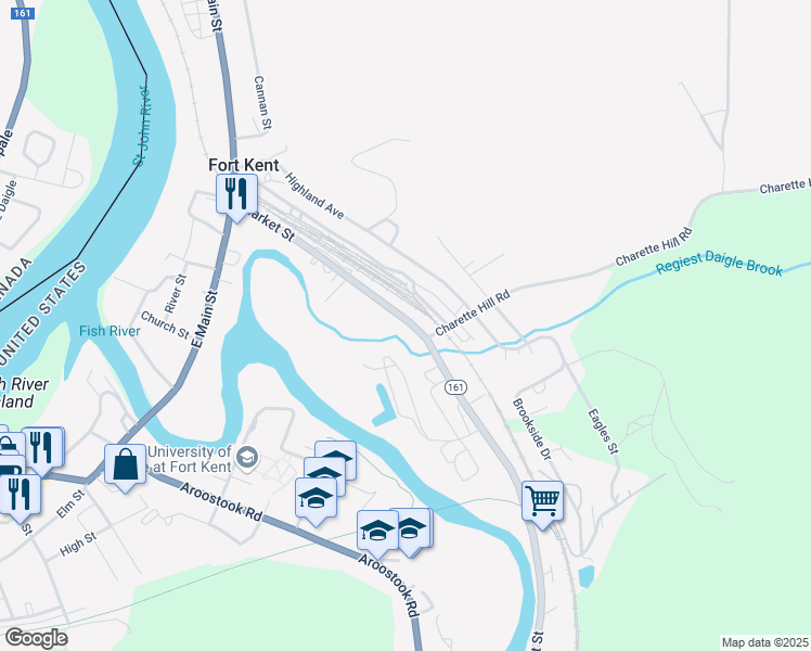 map of restaurants, bars, coffee shops, grocery stores, and more near 85 Maine 161 in Fort Kent