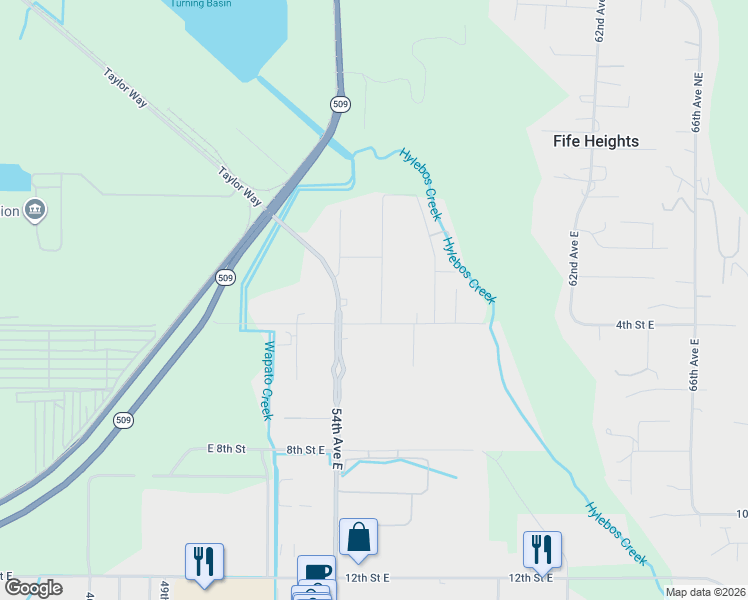 map of restaurants, bars, coffee shops, grocery stores, and more near 224 55th Avenue East in Tacoma