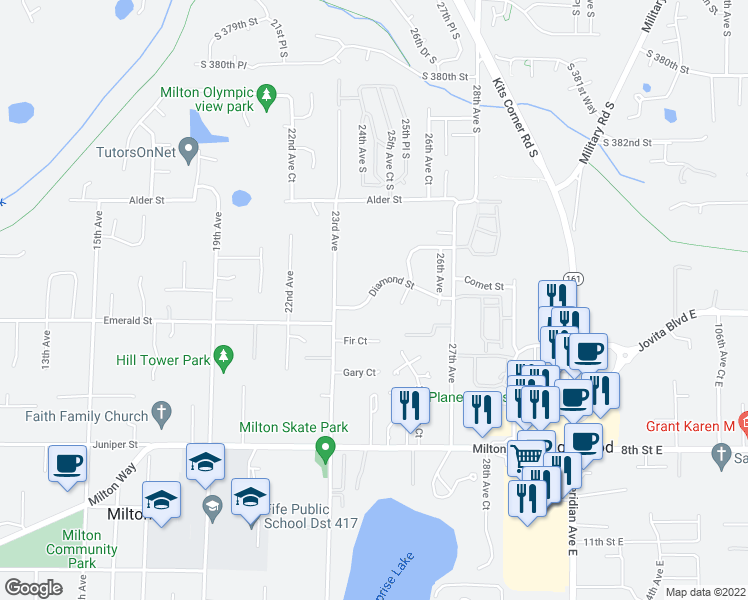 map of restaurants, bars, coffee shops, grocery stores, and more near 2425 Diamond Street in Milton