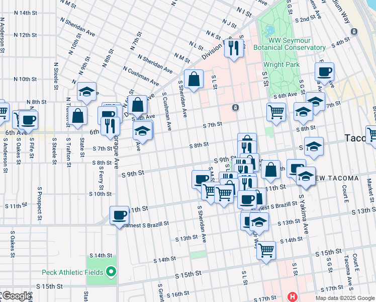 map of restaurants, bars, coffee shops, grocery stores, and more near 1402 South 8th Street in Tacoma