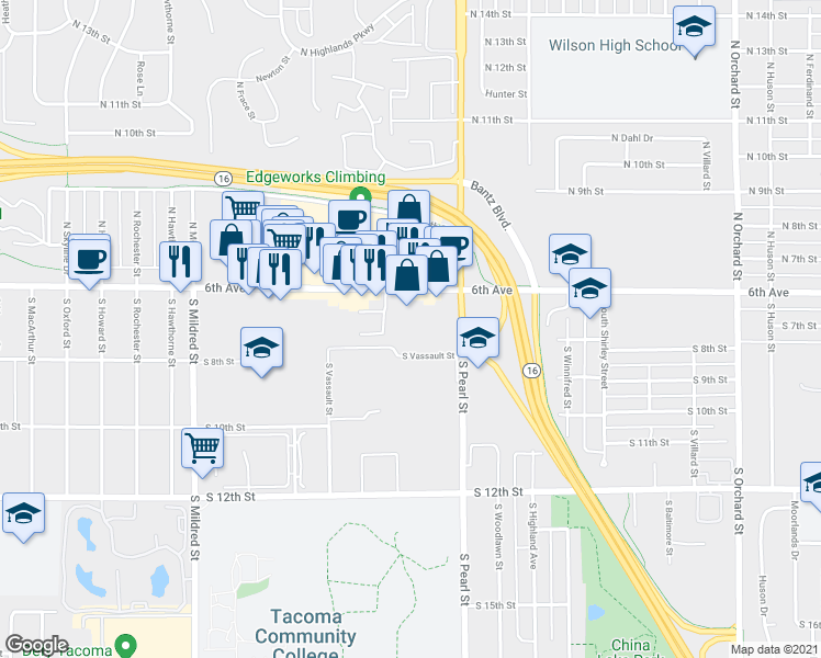 map of restaurants, bars, coffee shops, grocery stores, and more near 5930 6th Avenue in Tacoma