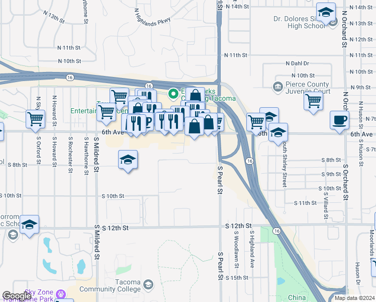 map of restaurants, bars, coffee shops, grocery stores, and more near 5930 6th Avenue in Tacoma