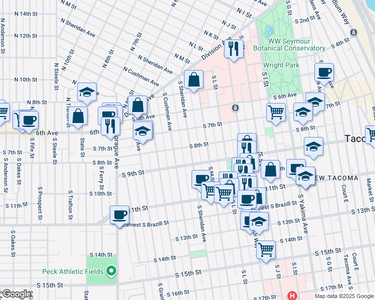 map of restaurants, bars, coffee shops, grocery stores, and more near 1402 South 8th Street in Tacoma