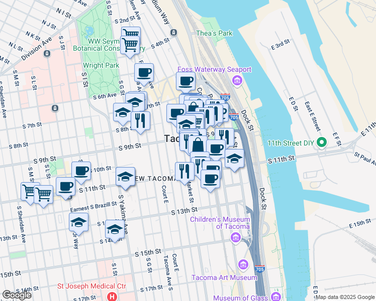 map of restaurants, bars, coffee shops, grocery stores, and more near in Tacoma