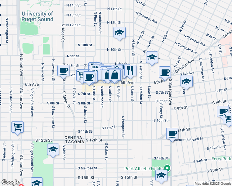 map of restaurants, bars, coffee shops, grocery stores, and more near 628 South Fife Street in Tacoma