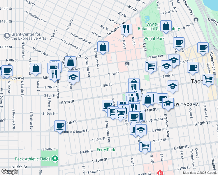 map of restaurants, bars, coffee shops, grocery stores, and more near 806 South M Street in Tacoma