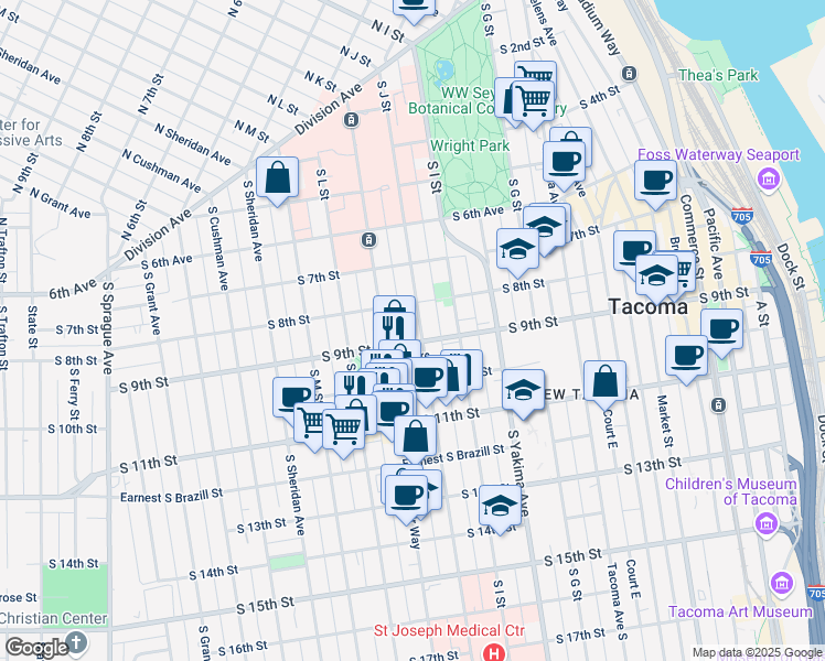 map of restaurants, bars, coffee shops, grocery stores, and more near 820 South J Street in Tacoma