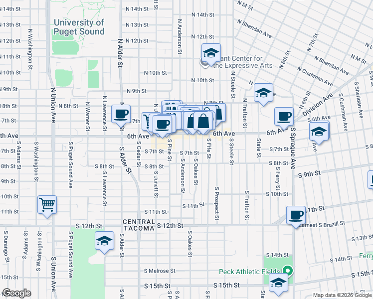 map of restaurants, bars, coffee shops, grocery stores, and more near 2715 South 7th Street in Tacoma