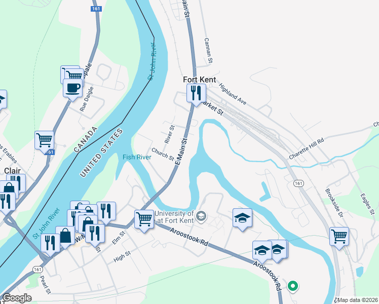 map of restaurants, bars, coffee shops, grocery stores, and more near 41 East Main Street in Fort Kent