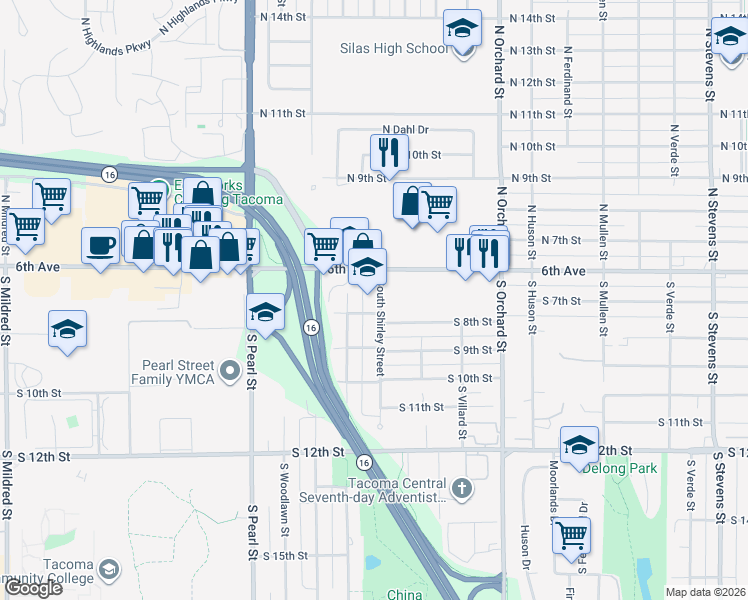 map of restaurants, bars, coffee shops, grocery stores, and more near 620 South Shirley Street in Tacoma