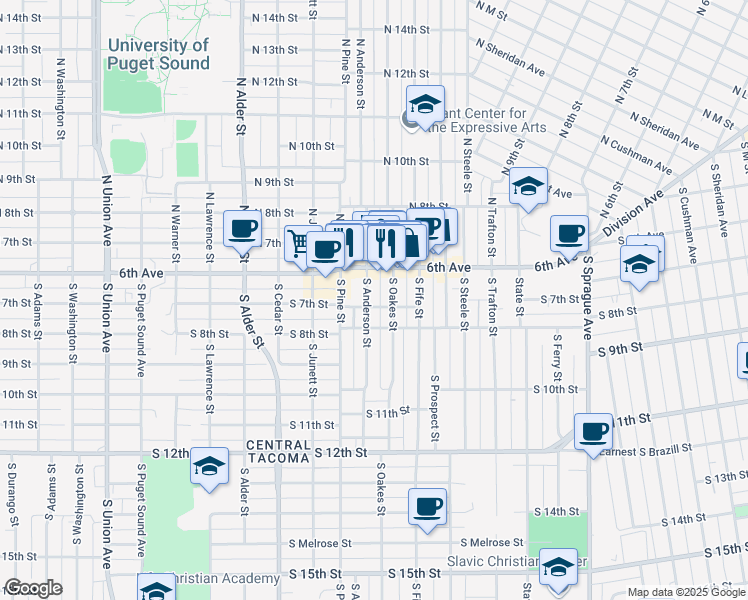 map of restaurants, bars, coffee shops, grocery stores, and more near 2715 South 7th Street in Tacoma