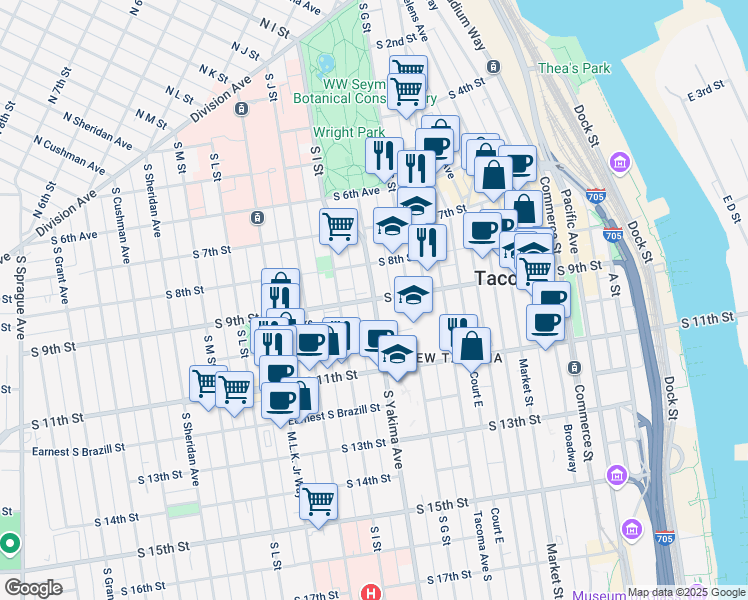 map of restaurants, bars, coffee shops, grocery stores, and more near S Yakima Ave & S 9th St in Tacoma