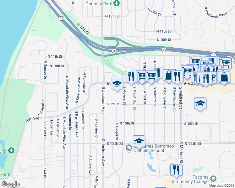 map of restaurants, bars, coffee shops, grocery stores, and more near 7401 South 8th Street in Tacoma