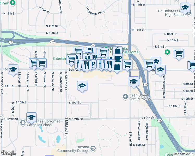 map of restaurants, bars, coffee shops, grocery stores, and more near 6306 6th Avenue in Tacoma