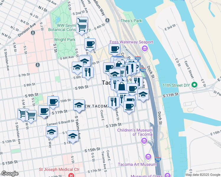 map of restaurants, bars, coffee shops, grocery stores, and more near 910 Market Street in Tacoma