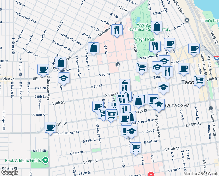 map of restaurants, bars, coffee shops, grocery stores, and more near 808 South L Street in Tacoma