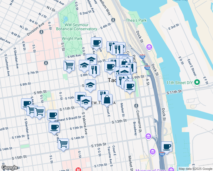 map of restaurants, bars, coffee shops, grocery stores, and more near 920 Fawcett Avenue in Tacoma