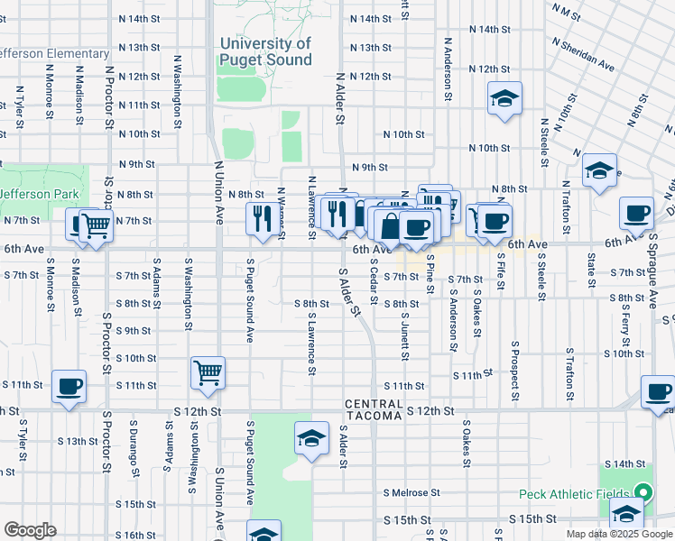 map of restaurants, bars, coffee shops, grocery stores, and more near 3203 South 7th Street in Tacoma