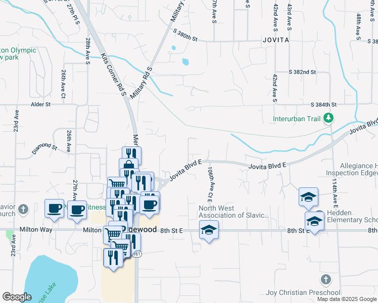 map of restaurants, bars, coffee shops, grocery stores, and more near 219 105th Avenue East in Edgewood