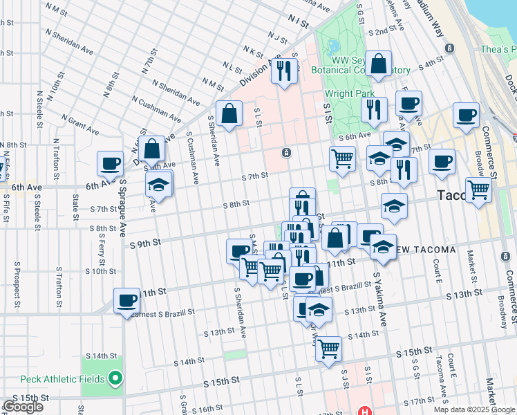 map of restaurants, bars, coffee shops, grocery stores, and more near 808 South L Street in Tacoma