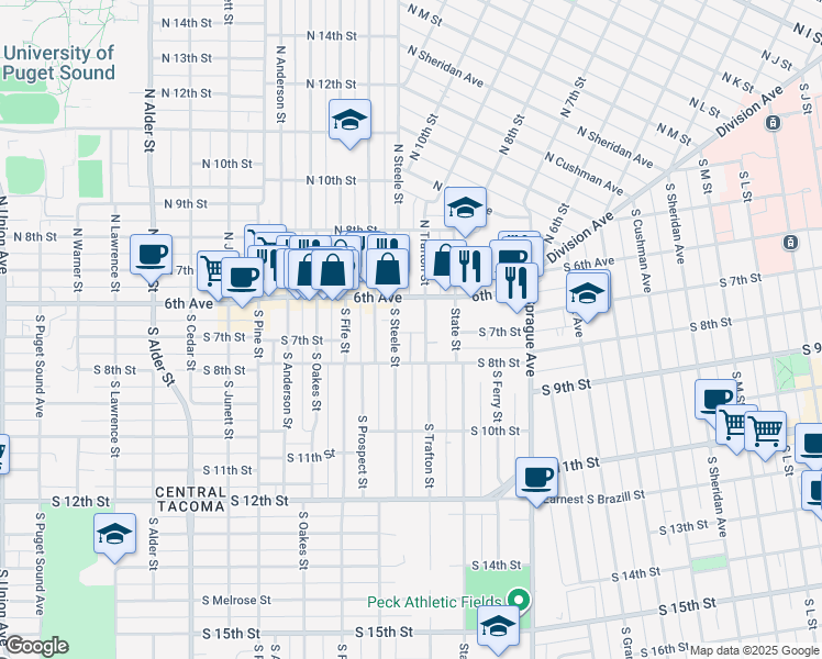 map of restaurants, bars, coffee shops, grocery stores, and more near 628 South Trafton Street in Tacoma