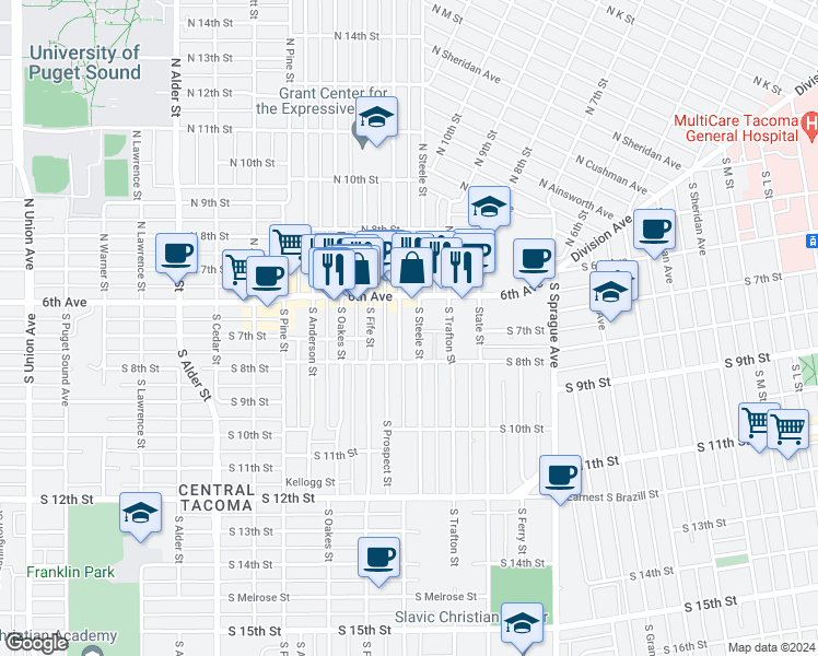map of restaurants, bars, coffee shops, grocery stores, and more near 631 South Prospect Street in Tacoma