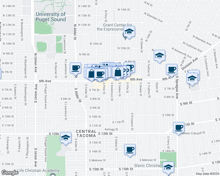 map of restaurants, bars, coffee shops, grocery stores, and more near 625 South Pine Street in Tacoma