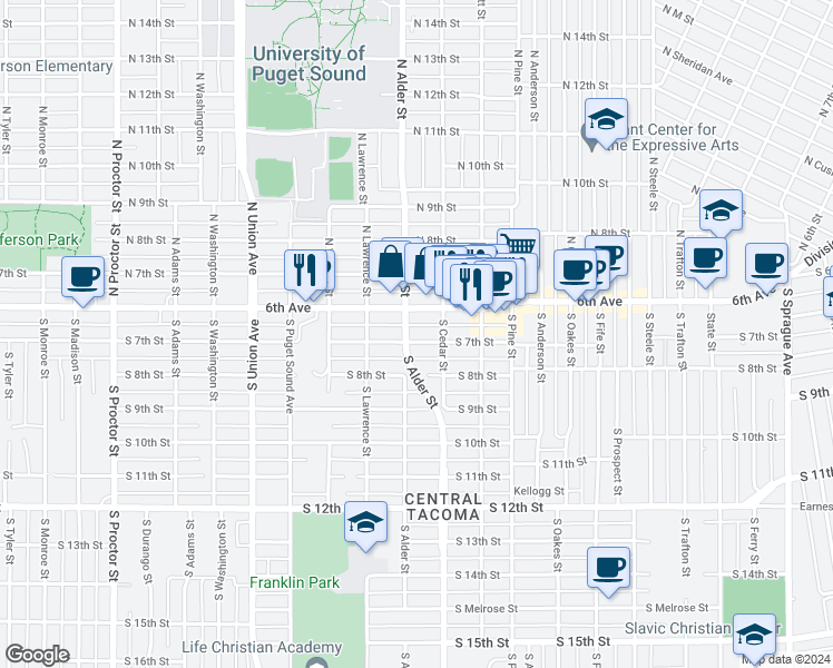 map of restaurants, bars, coffee shops, grocery stores, and more near 3203 South 7th Street in Tacoma