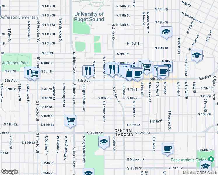 map of restaurants, bars, coffee shops, grocery stores, and more near 3203 South 7th Street in Tacoma