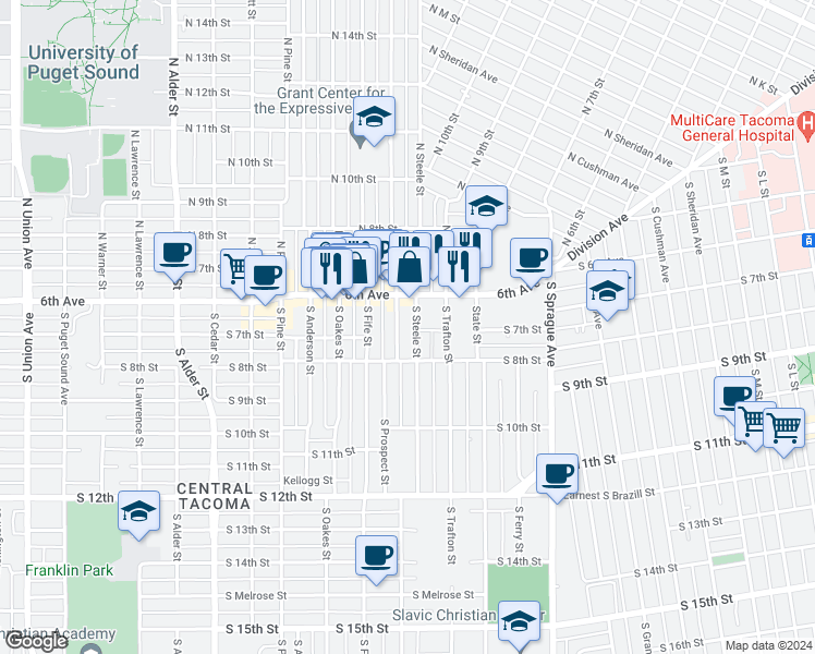 map of restaurants, bars, coffee shops, grocery stores, and more near 622 South Steele Street in Tacoma