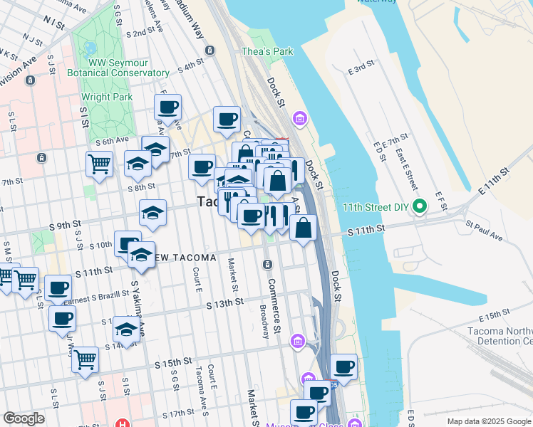 map of restaurants, bars, coffee shops, grocery stores, and more near 923 Commerce Street in Tacoma