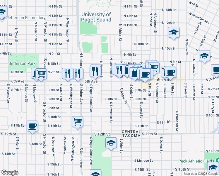 map of restaurants, bars, coffee shops, grocery stores, and more near 624 South Lawrence Street in Tacoma
