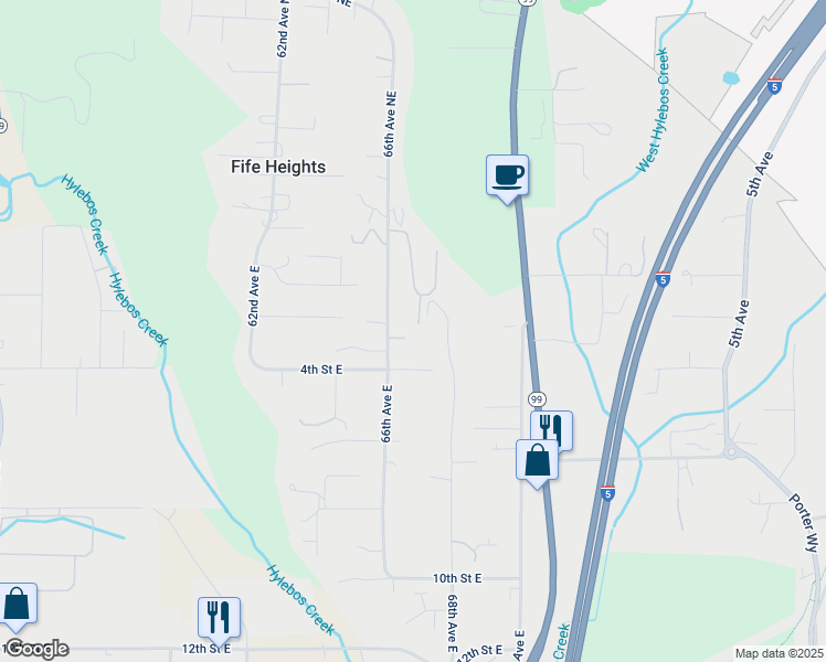 map of restaurants, bars, coffee shops, grocery stores, and more near 210 66th Avenue Court East in Fife