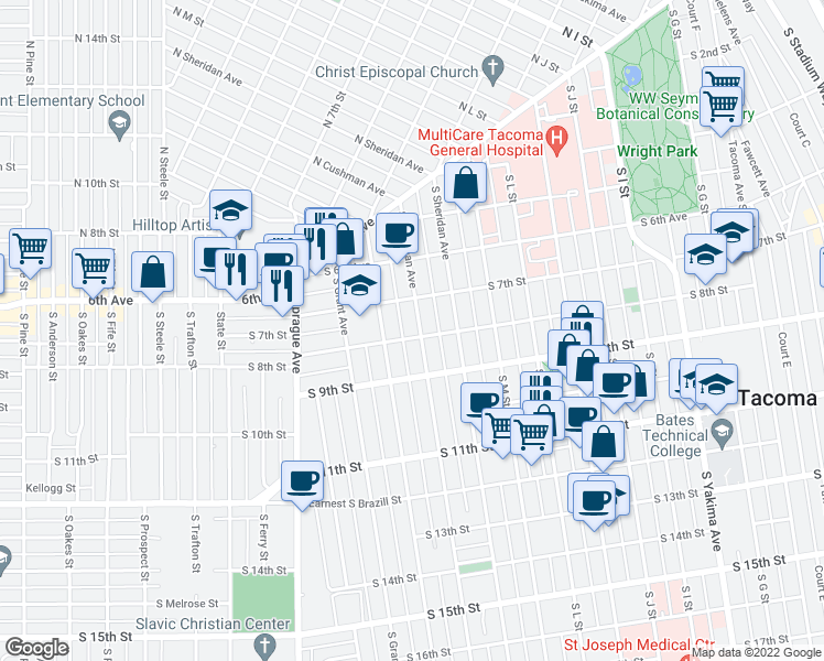 map of restaurants, bars, coffee shops, grocery stores, and more near 724 South Cushman Avenue in Tacoma