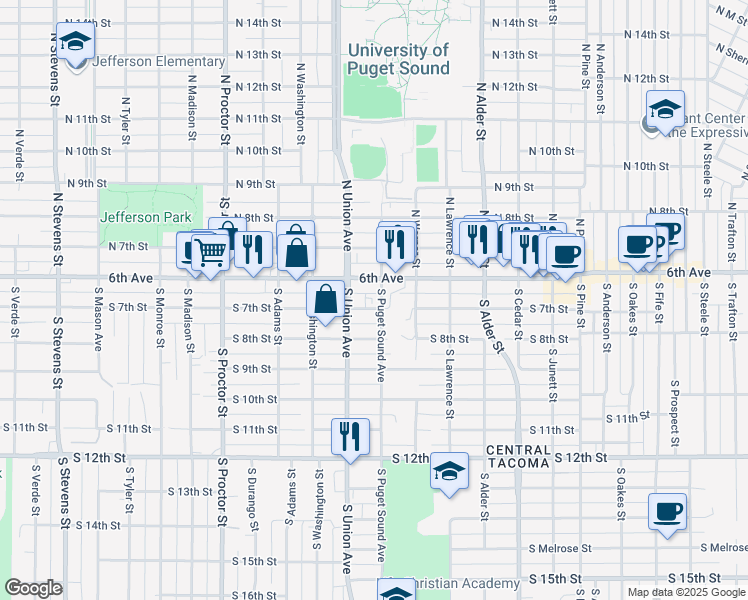 map of restaurants, bars, coffee shops, grocery stores, and more near 3505 South 7th Street in Tacoma