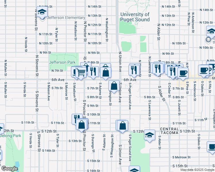 map of restaurants, bars, coffee shops, grocery stores, and more near 3705 S 7th St in Tacoma