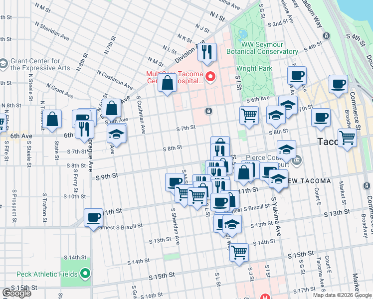 map of restaurants, bars, coffee shops, grocery stores, and more near 806 South M Street in Tacoma