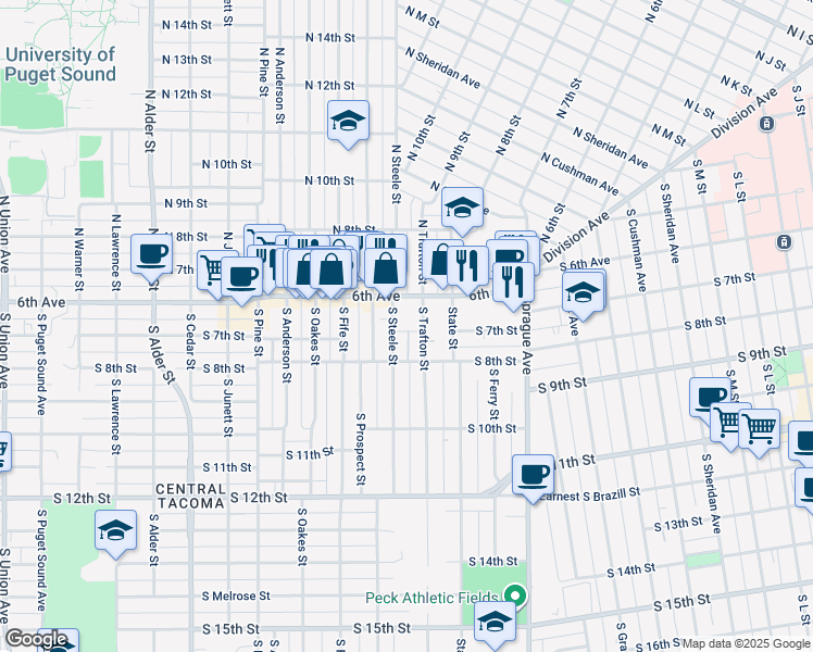 map of restaurants, bars, coffee shops, grocery stores, and more near 621 South Steele Street in Tacoma