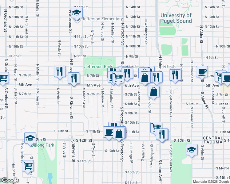 map of restaurants, bars, coffee shops, grocery stores, and more near 3917 South 7th Street in Tacoma